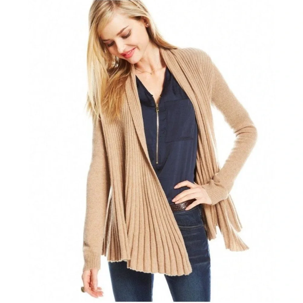 Charter Club 100% Cashmere Ribbed Draped Front Tan Cardigan Sweater Large